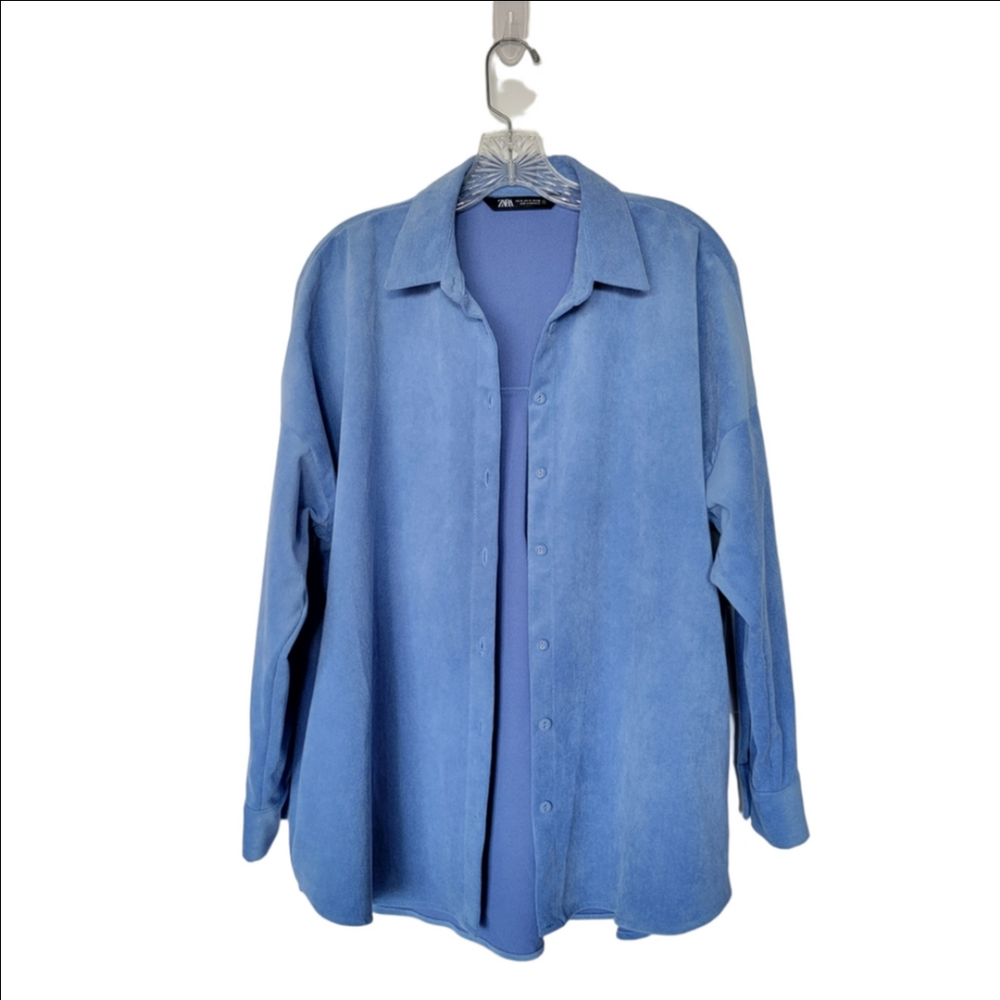 Zara Oversized Corduroy Light Blue Casual Button Up Shirt Size Medium - Picture 4 of 13
